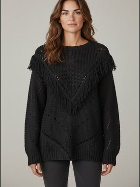 H&M Black Fringe V-Yoke Crewneck Sweater oversized